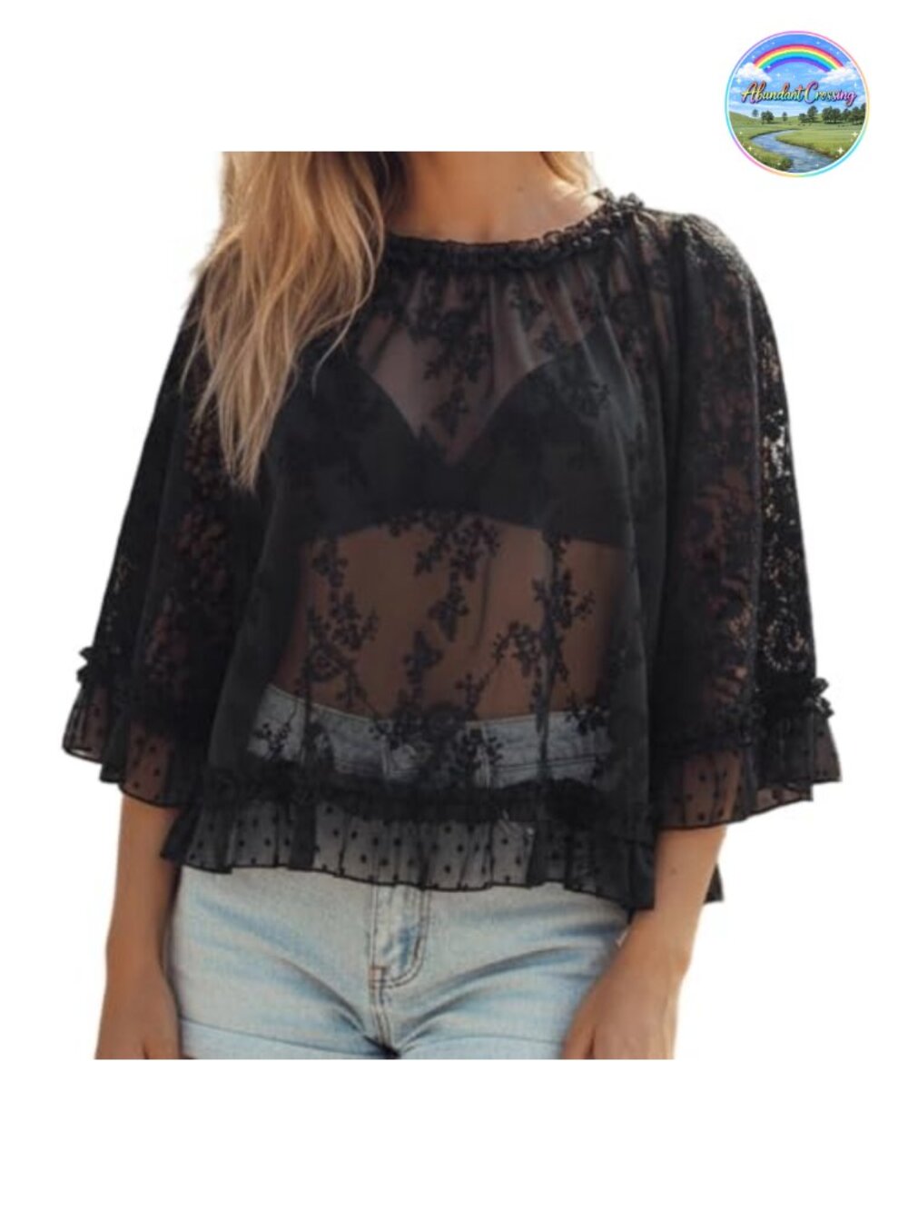 Women Boho Flowy Lace Blouse See Through Ruffle Sheer Poncho Cover Up
